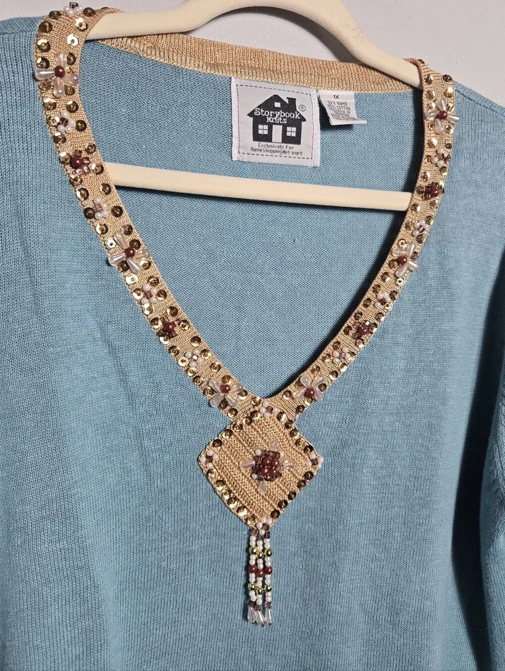 Storybook Knits Blue Gold Beaded Sequin Fringe V-Neck Pullover Sweater Top 1X